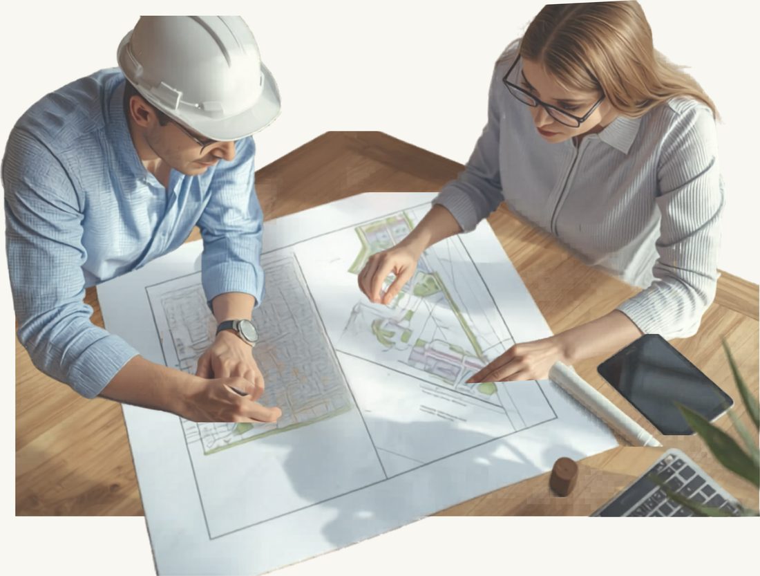 Architect and client reviewing site plans together at the first briefing